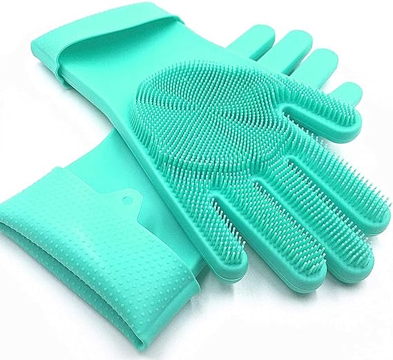 Gadget Hub Silicone Reusable Heat Resistance and Water Proof Hand Gloves with Scrubber for Kitchen Cleaning, Utensils, Bath and Pet Hair Care, Large, Multicolour